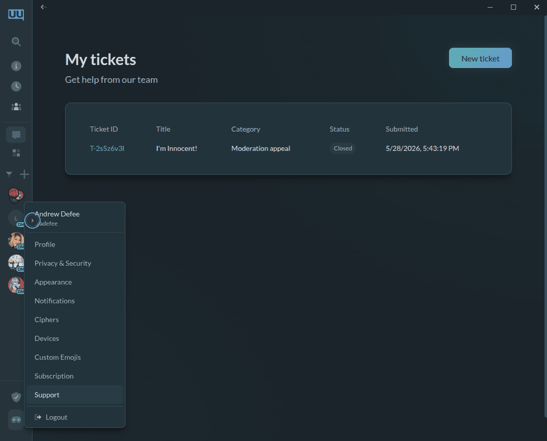 Screenshot of the support page inside the Adieuu app